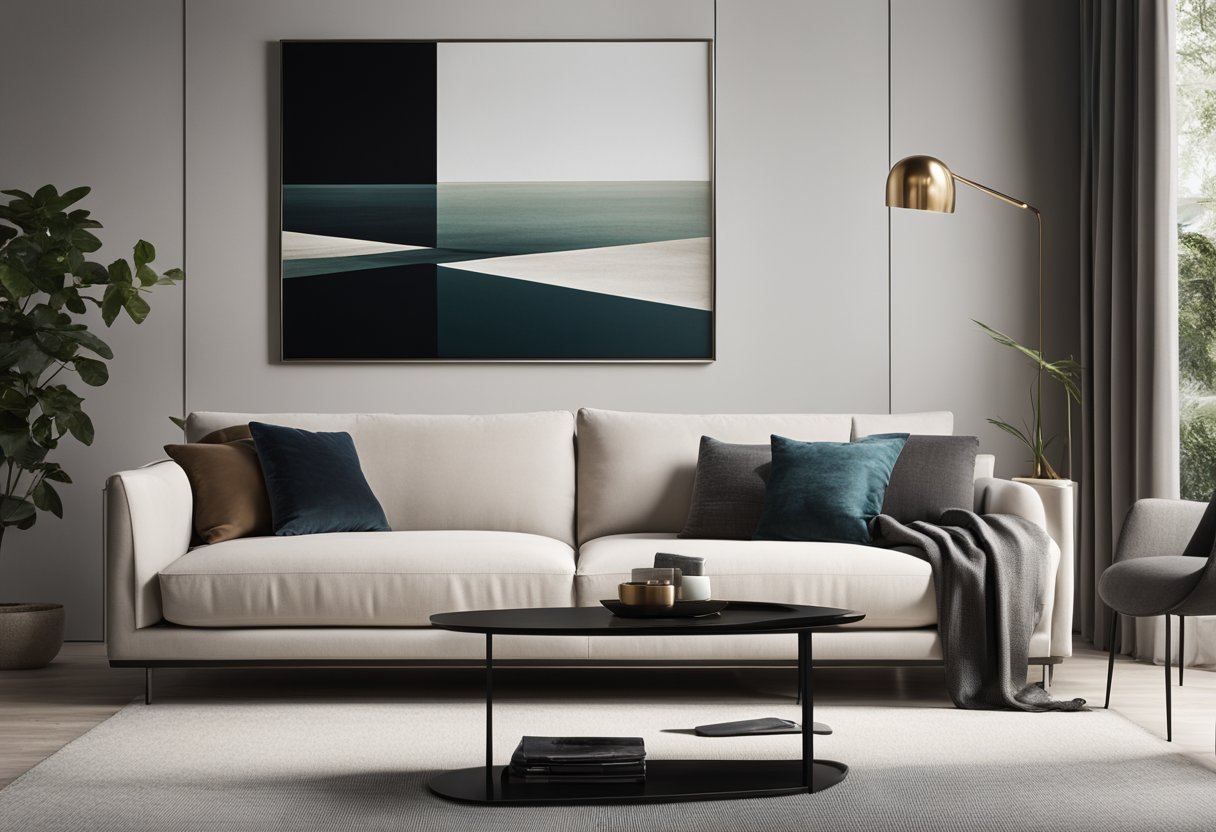 A modern living room with a minimalist design, featuring a sleek sofa, a coffee table with clean lines, and a large abstract art piece on the wall