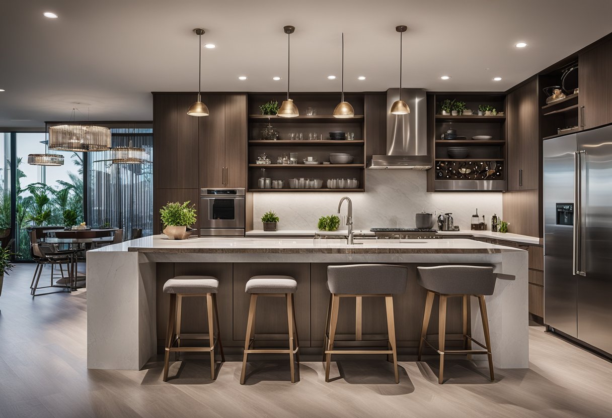 The wet kitchen features stainless steel appliances and a large sink, while the dry kitchen includes a spacious island with bar stools and sleek cabinetry