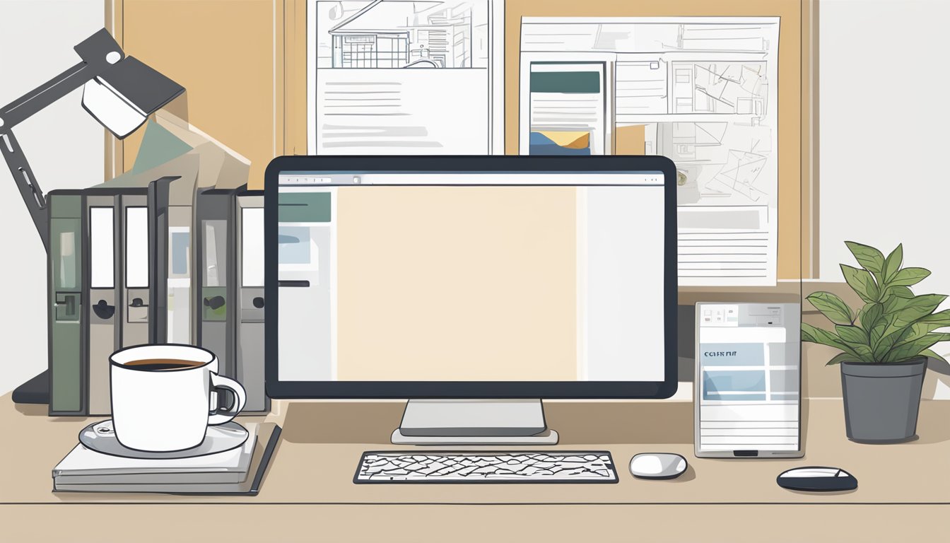A serene and organized office desk with a computer screen displaying the CPF Life website, a cup of coffee, and a notepad with a pen
