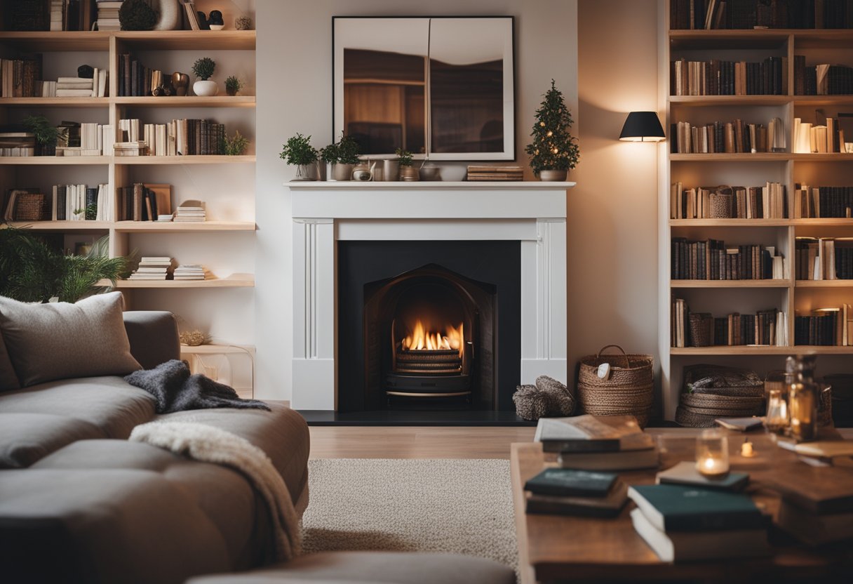 A cozy living room with a large, plush sofa, a warm fireplace, and soft, ambient lighting. A bookshelf filled with books and decorative items
