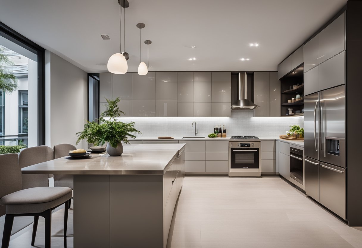 A modern wet and dry kitchen with sleek countertops, stainless steel appliances, and ample storage. Bright lighting and a neutral color palette create a stylish and functional space