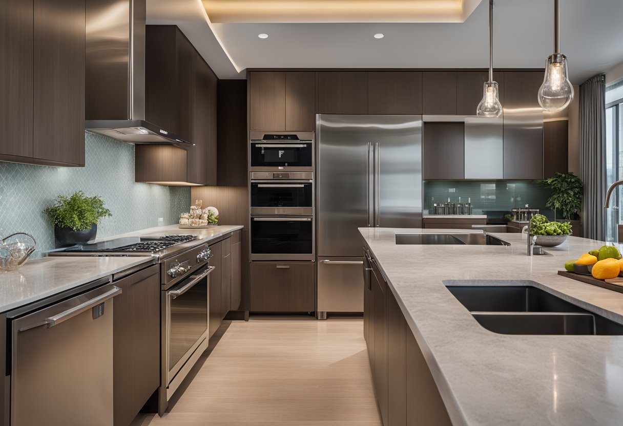 A spacious, modern kitchen with sleek countertops, stainless steel appliances, and ample storage. The wet area features a large sink and a stylish backsplash, while the dry area includes a spacious island with seating