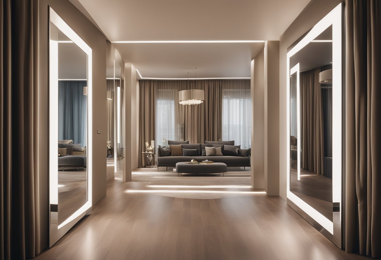A room with mirrors strategically placed to create a sense of space and light in interior design