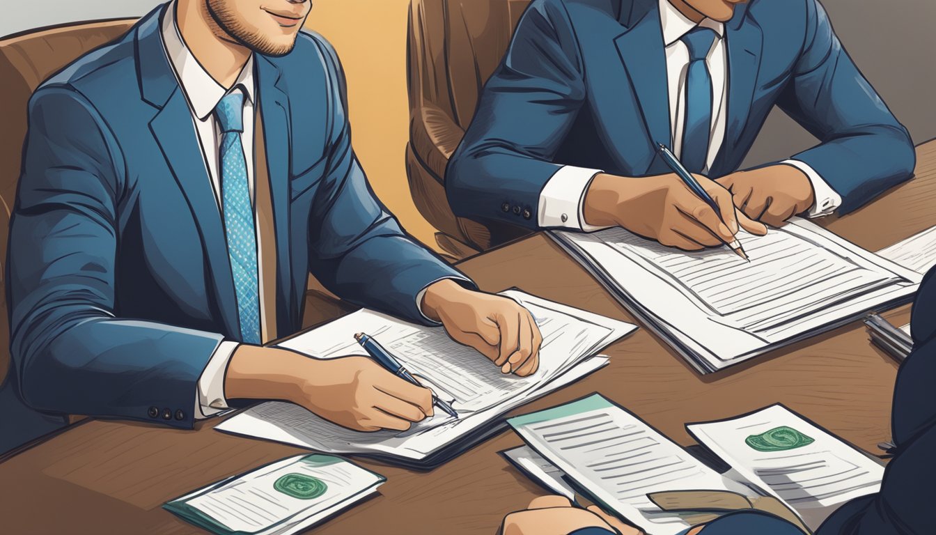 Two individuals sitting at a table, signing a document. One person hands over money, while the other holds a pen and a legal agreement