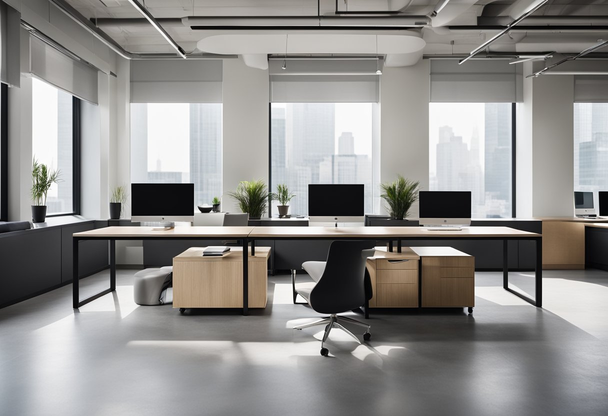 A modern office interior with sleek furniture and a minimalist color palette. Clean lines and a spacious layout create a professional and inviting atmosphere