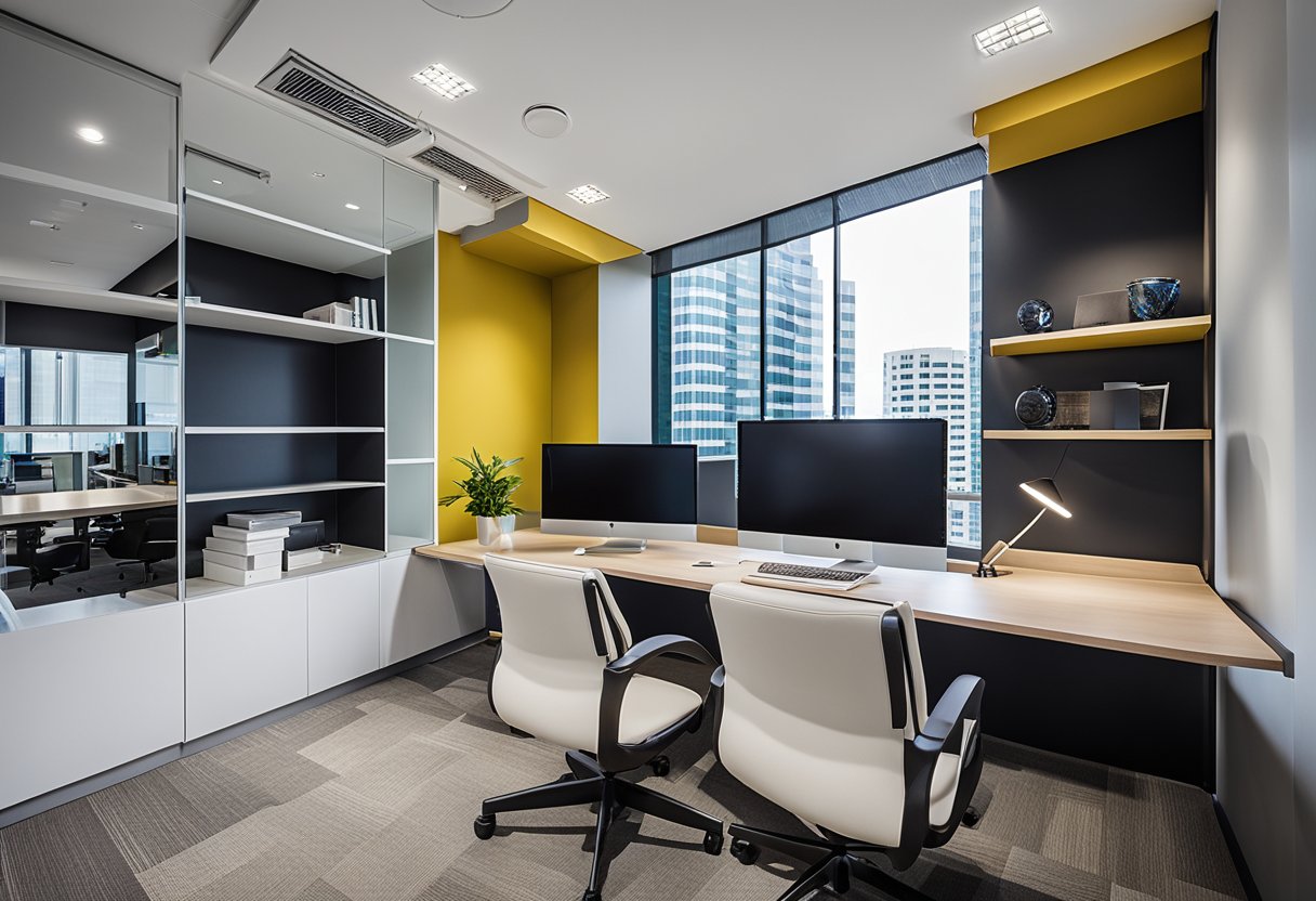 A modern office space with sleek furniture and vibrant accents, showcasing the expertise and services of Reno Interior Design Pte Ltd
