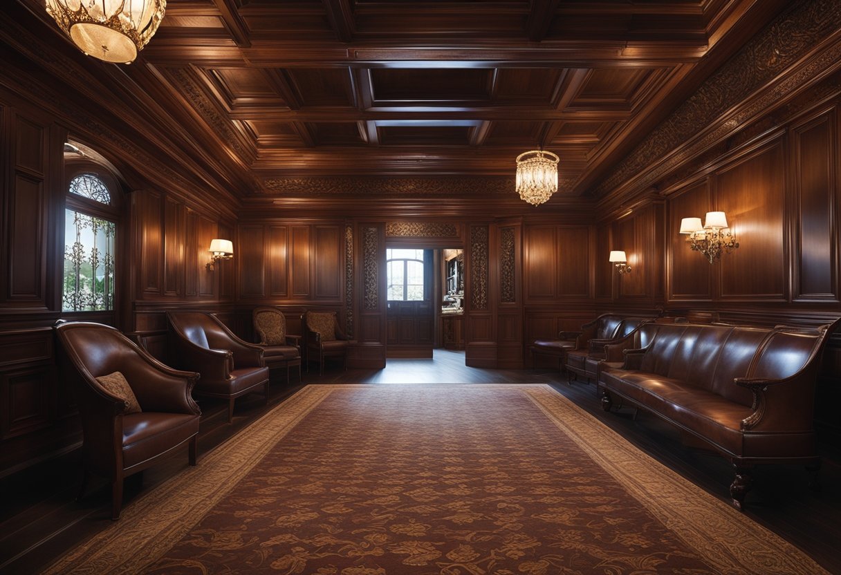 The dark wood interior features rich, mahogany paneling, ornate carvings, and a warm, inviting atmosphere