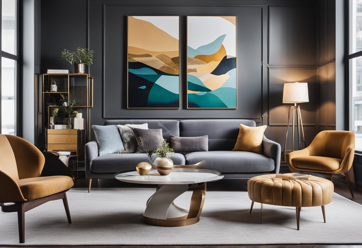 A stylish, modern interior with sleek furniture and vibrant artwork