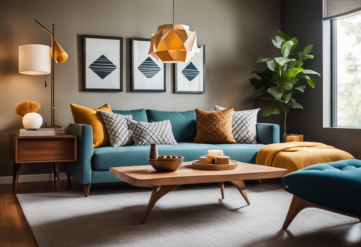A cozy living room with a mid-century modern theme. Clean lines, geometric patterns, and warm wood tones. A statement light fixture and a pop of color with accent pillows