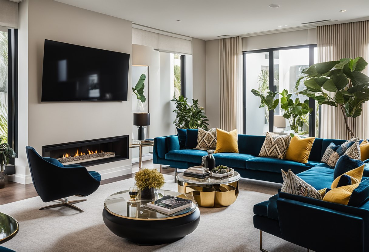 A luxurious living room with modern furniture and vibrant artwork, showcasing Quincy Jones Jr's legacy in interior design