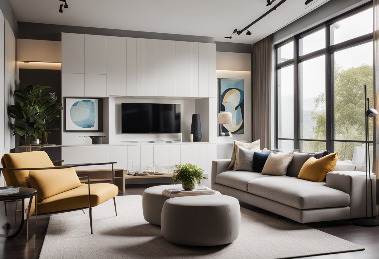 A modern living room with sleek furniture, clean lines, and pops of color. A large window lets in natural light, and a statement piece of art adorns the wall