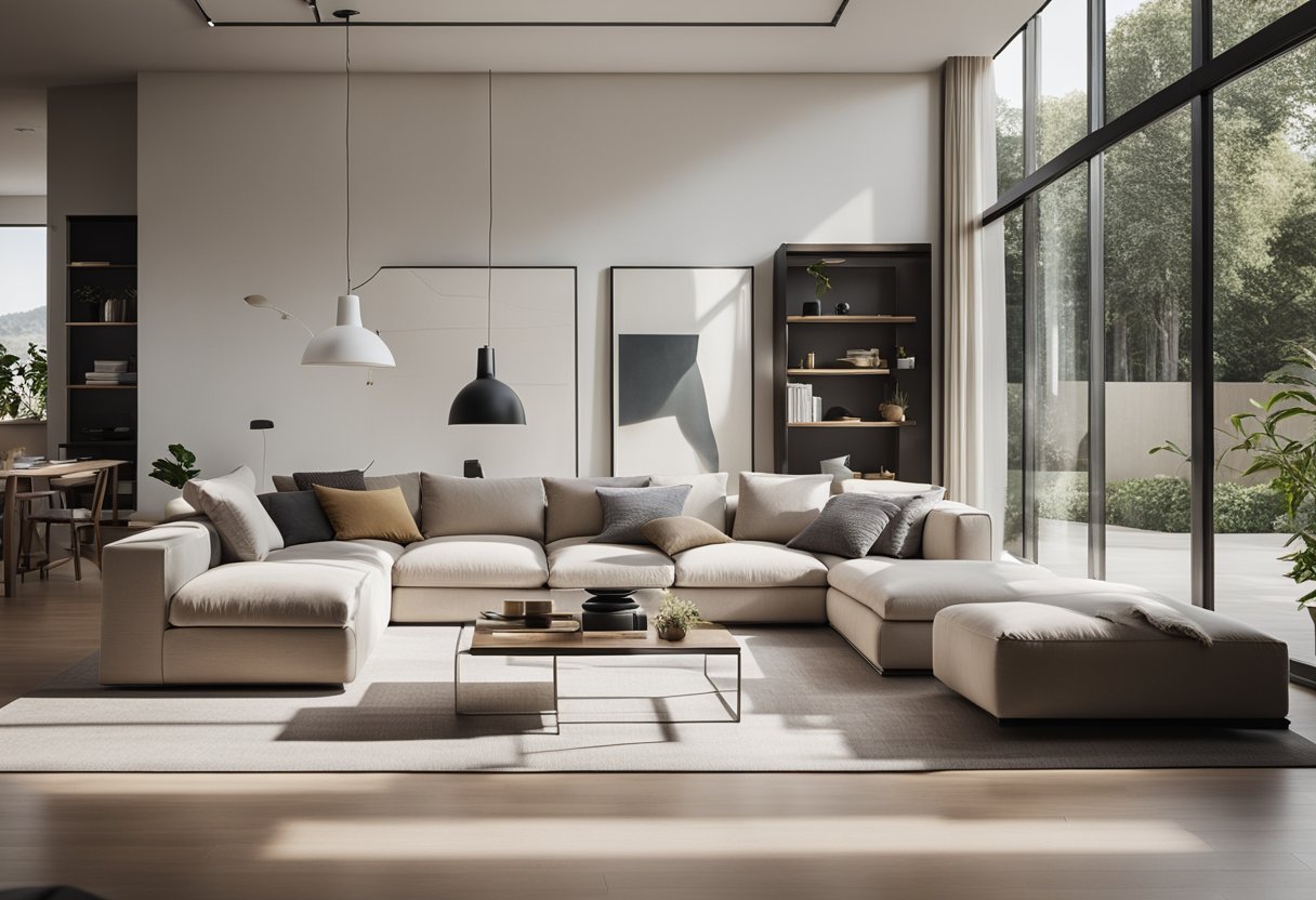 A modern living room with a minimalist design, featuring clean lines, neutral colors, and natural light streaming in through large windows