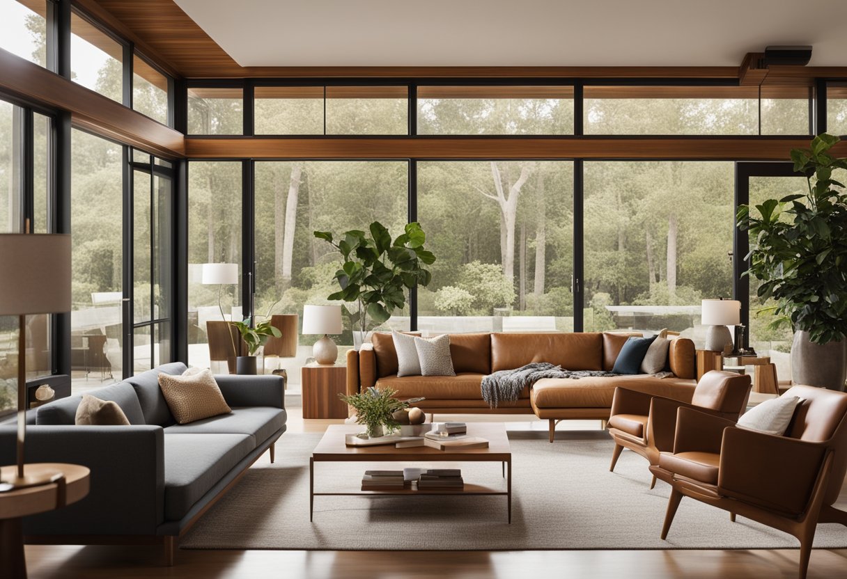 An open-concept living room with mid-century modern furniture, clean lines, and warm earthy tones. Large windows allow natural light to flood the space, creating a seamless connection to the outdoors