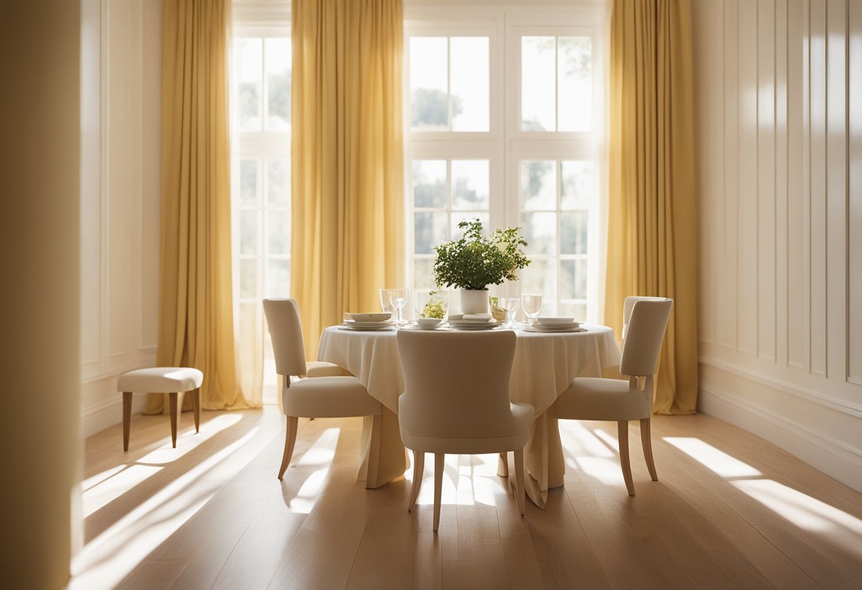 A sunlit room with pale yellow walls, casting a warm glow on white furniture and light wood floors. The sunlight filters through sheer curtains, creating a soft, inviting atmosphere