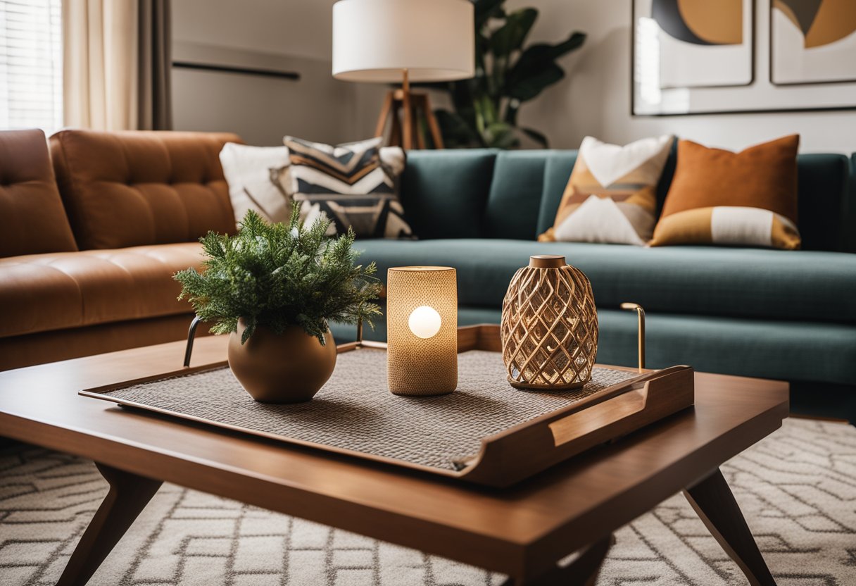 A cozy living room with mid-century modern furniture, geometric patterns, and warm earthy tones. A statement pendant light and a sleek, retro bar cart add to the stylish ambiance