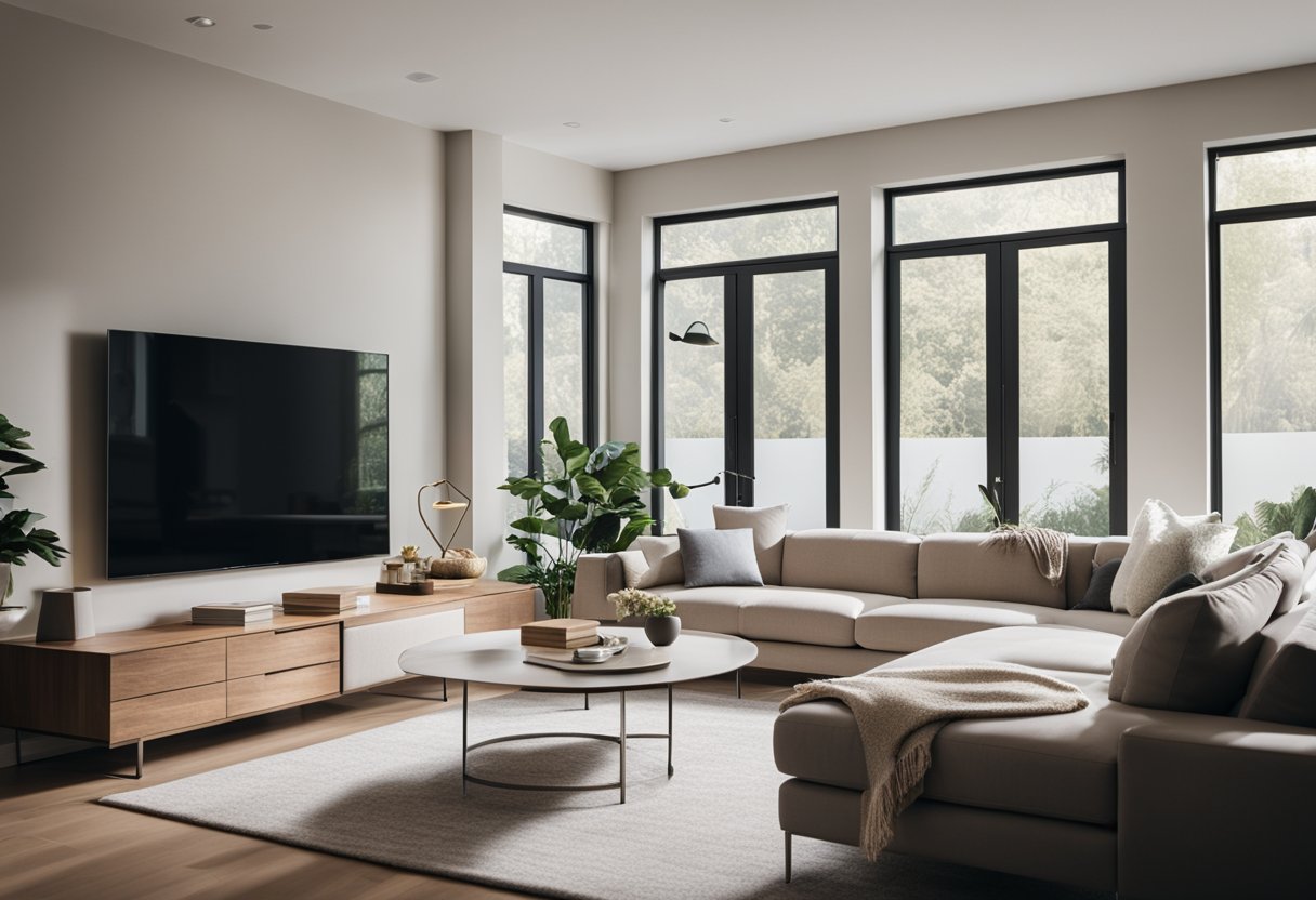 A modern living room with sleek furniture, neutral color palette, and natural light streaming in from large windows