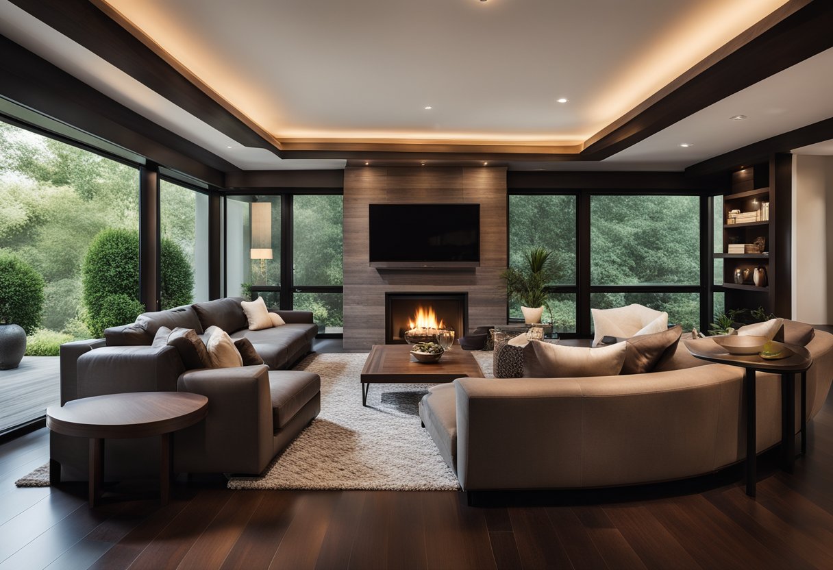 A cozy living room with dark wood floors, a large fireplace, and a comfortable leather sofa. The room is bathed in warm, soft light from the recessed ceiling fixtures, creating a welcoming and inviting atmosphere
