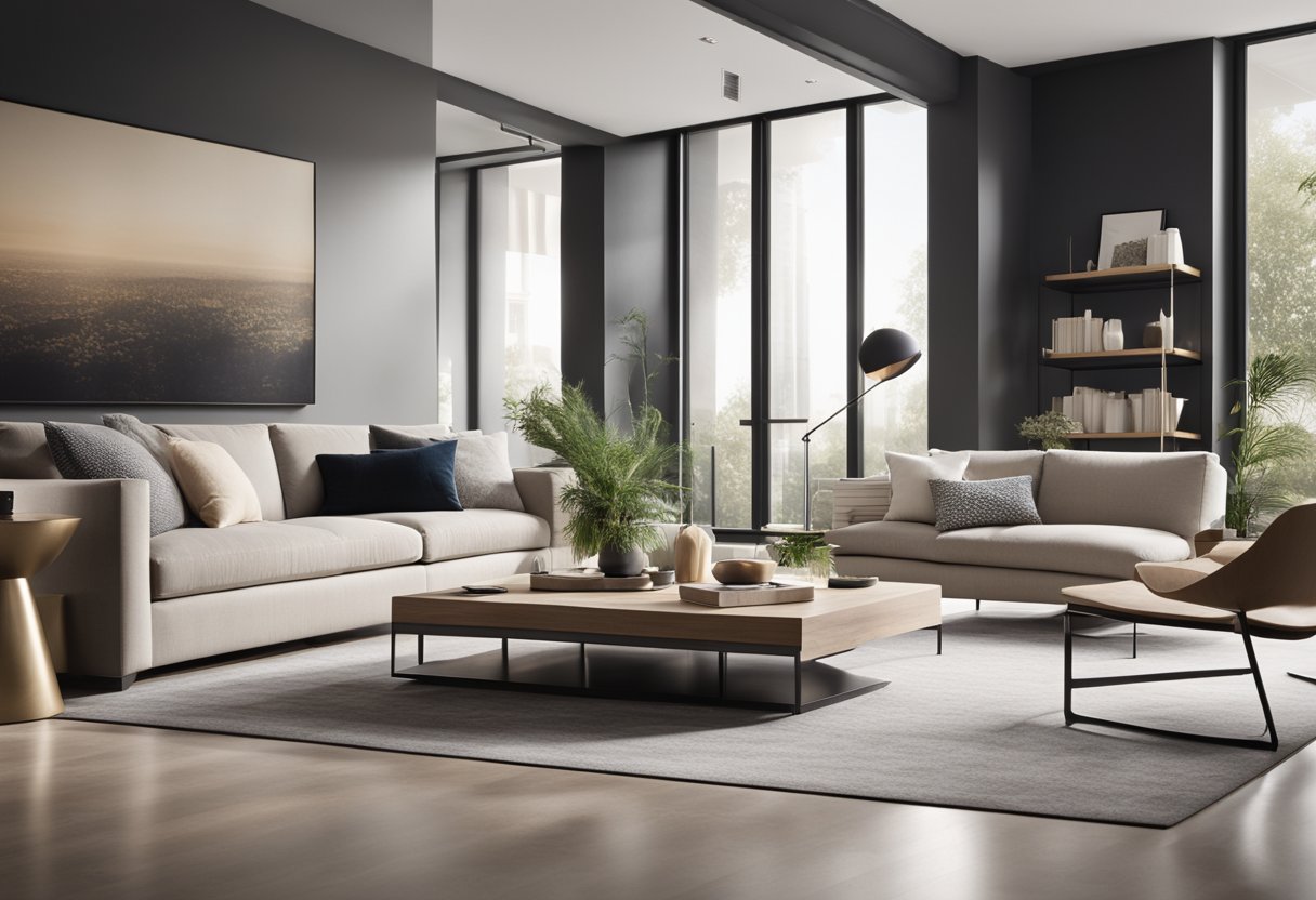 A modern living room with sleek furniture, clean lines, and a neutral color palette. Large windows let in natural light, and a statement piece of artwork hangs on the wall