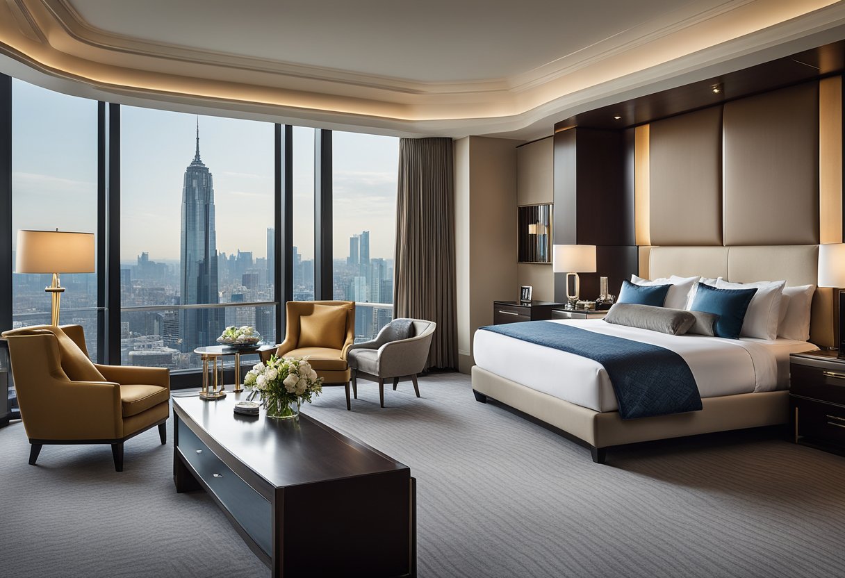A luxurious 5-star hotel room with elegant furnishings, a plush king-size bed, a spacious sitting area, and a breathtaking view of the city skyline through the floor-to-ceiling windows