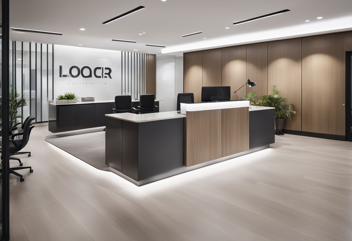 An office with a reception desk, chairs, and a logo on the wall. Clean, modern design with neutral colors and natural lighting