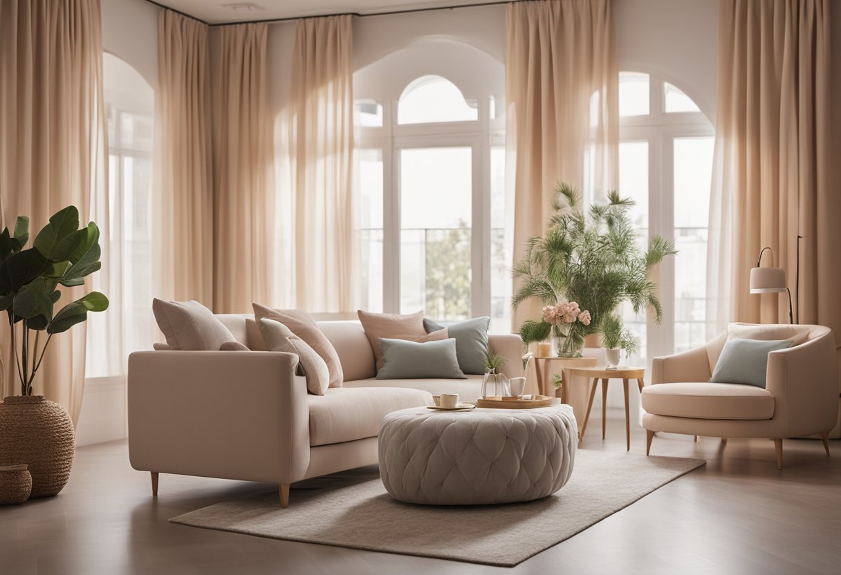 A room with light-colored furniture and walls, accented with complementary pastel decor. Natural light filters through sheer curtains, creating a soft, inviting atmosphere