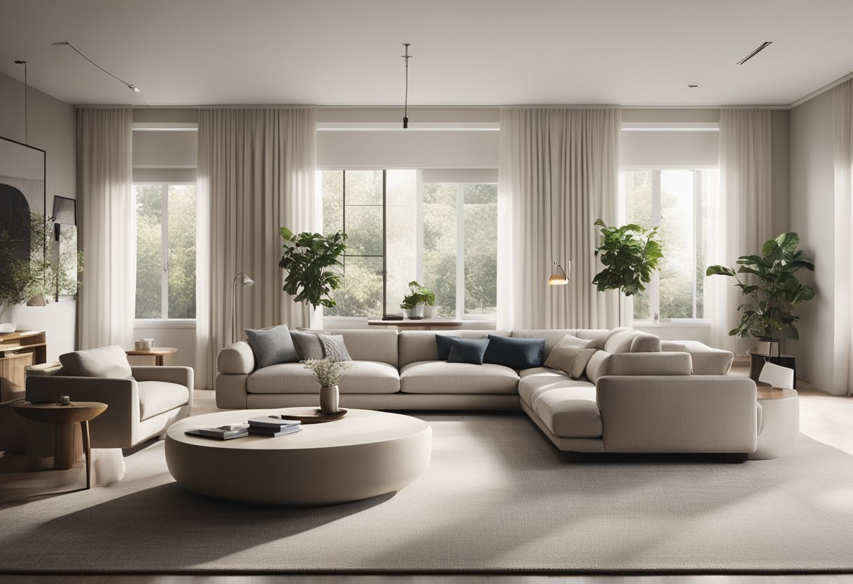 A modern living room with clean lines, neutral colors, and natural light streaming in through large windows. A minimalist coffee table sits in the center, surrounded by sleek furniture and simple decor