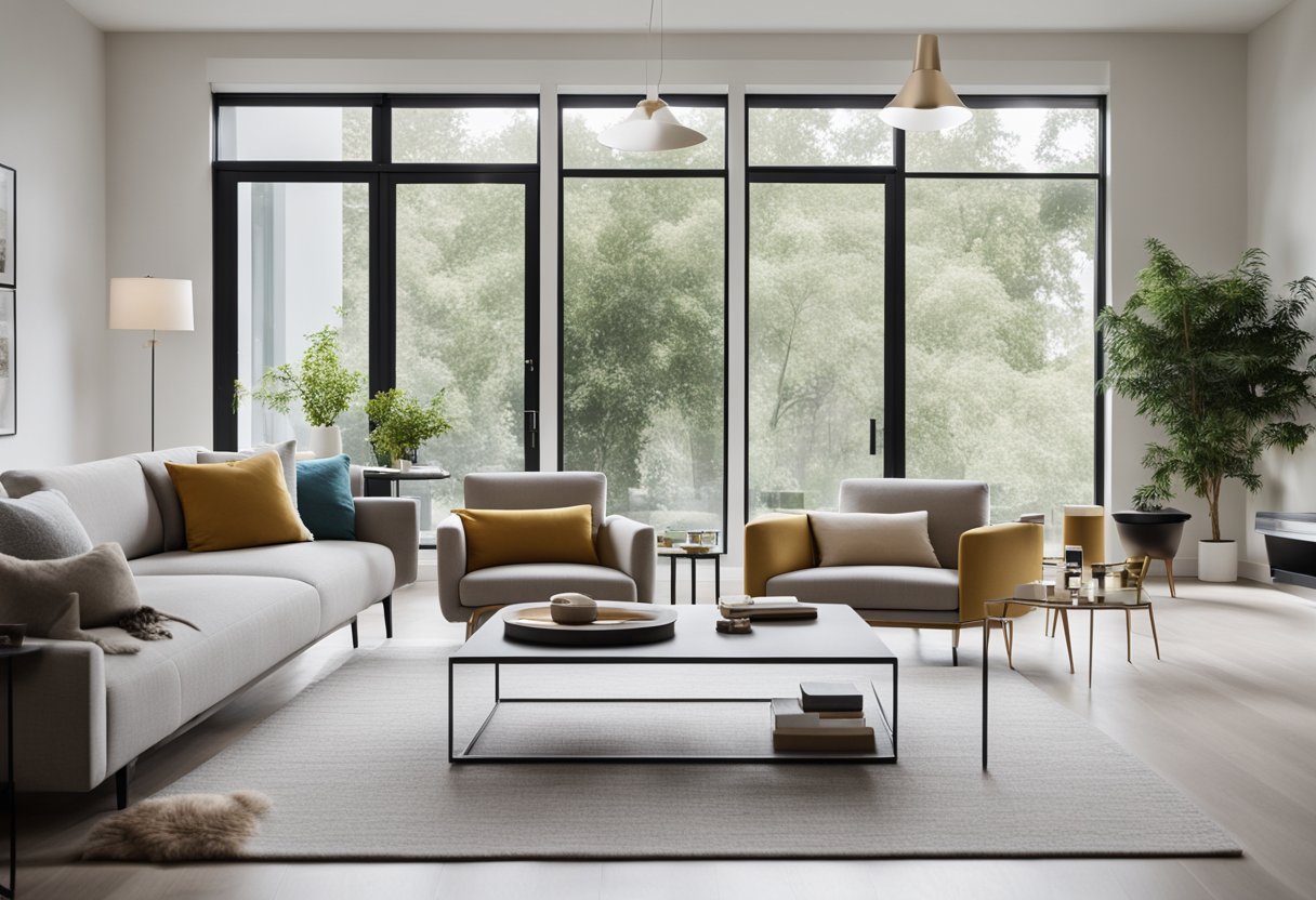 A modern, minimalist living room with sleek furniture and clean lines. Neutral color palette with pops of bold accent colors. Large windows let in natural light, creating a bright and airy space