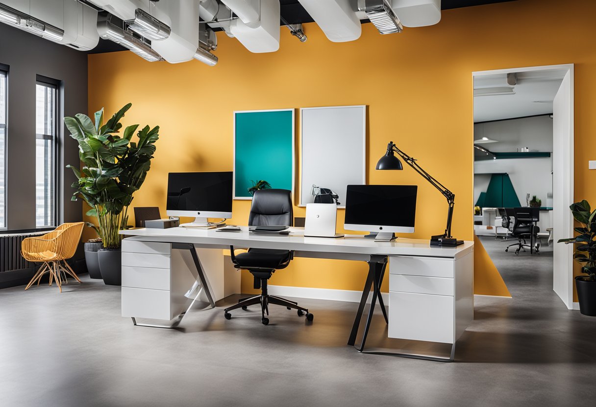 A stylish office with a sleek desk, modern furniture, and vibrant color accents. Inspirational quotes and design samples adorn the walls