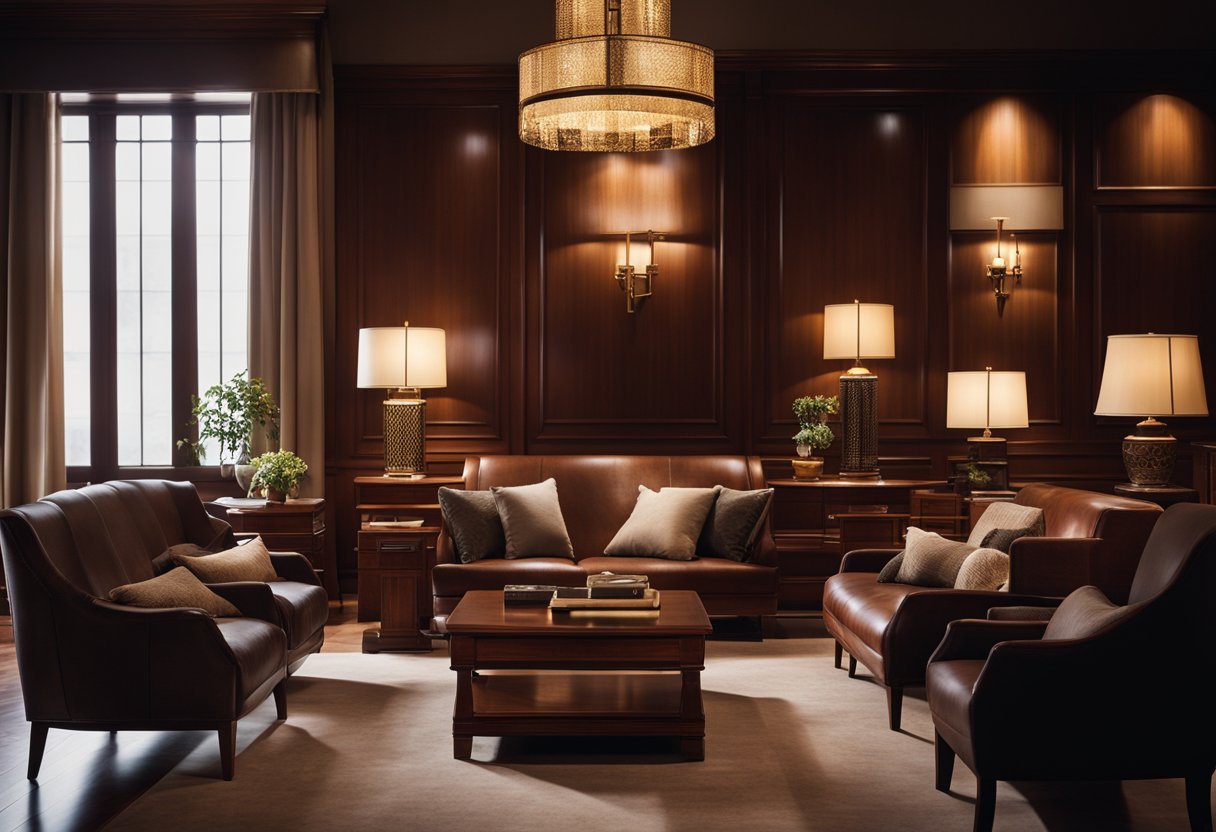 A dimly lit room with rich, mahogany wood paneling and furniture. Soft, warm lighting highlights intricate details and textures, creating a cozy and luxurious atmosphere