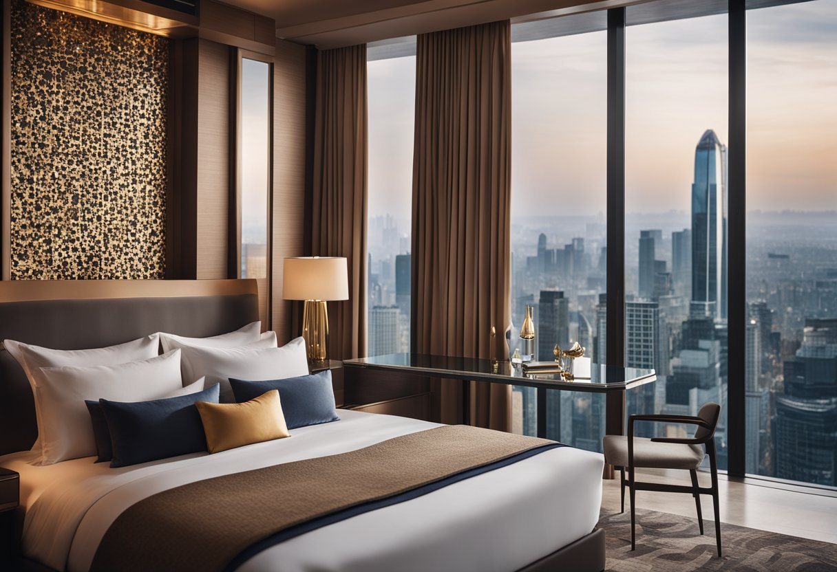A luxurious 5-star hotel room with modern furnishings, elegant decor, and a panoramic view of the city skyline