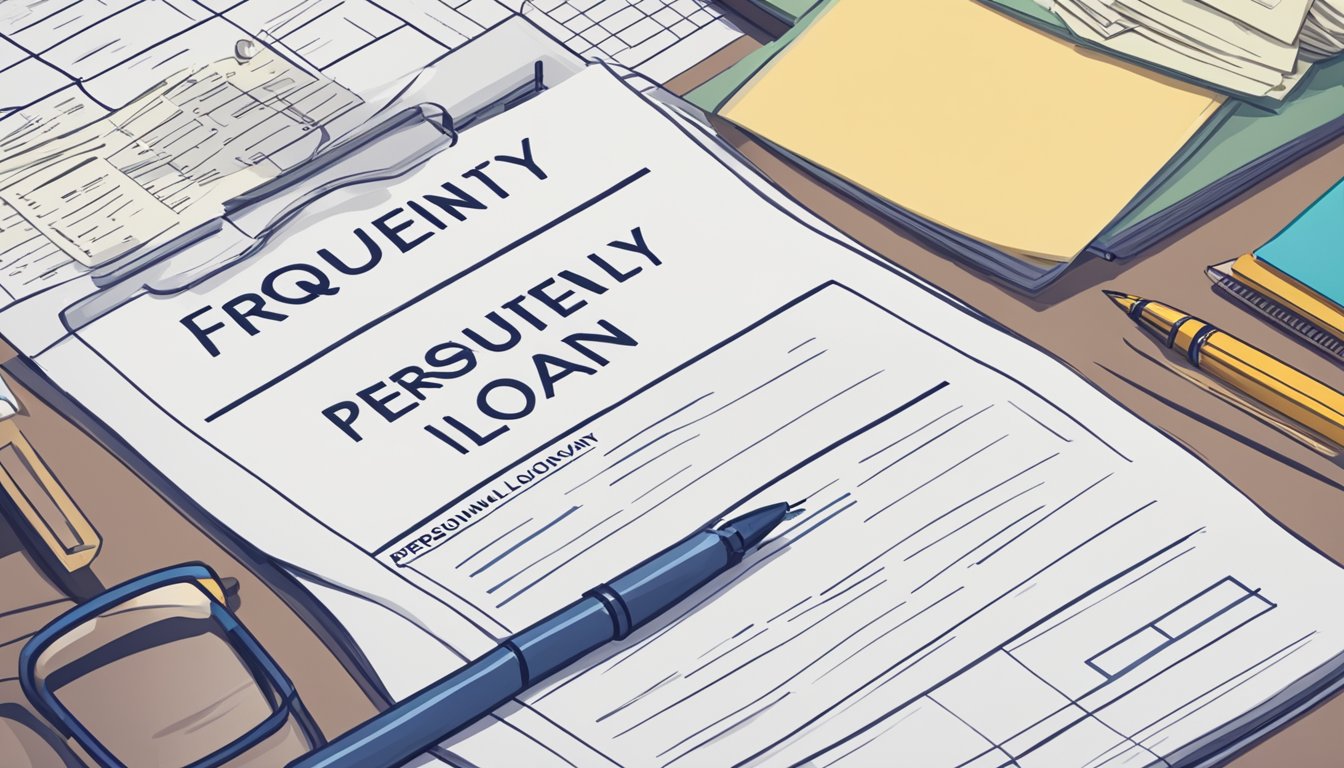 A stack of paper with "Frequently Asked Questions personal loan document" printed on top, surrounded by other loan-related forms and a pen