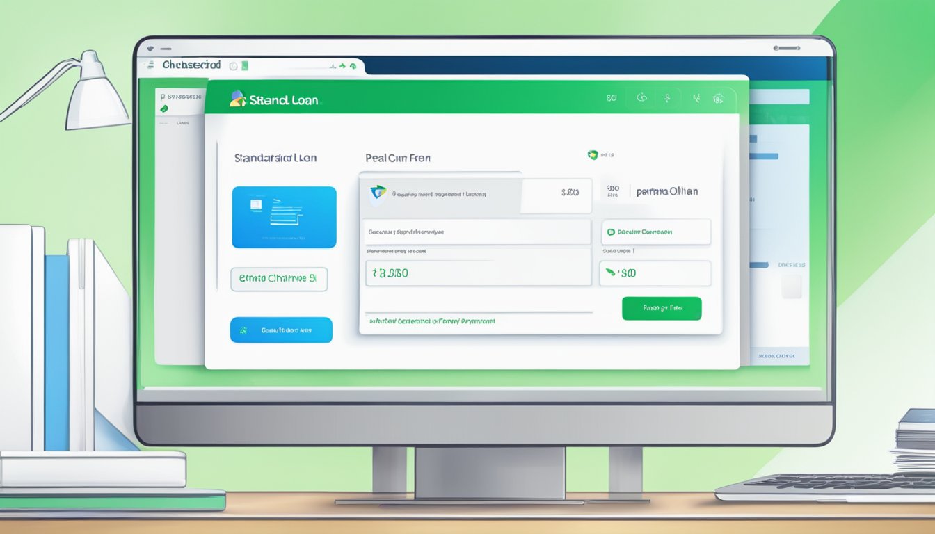 A computer screen displays "Standard Chartered Personal Loan Online Payment" with a payment form and a confirmation message
