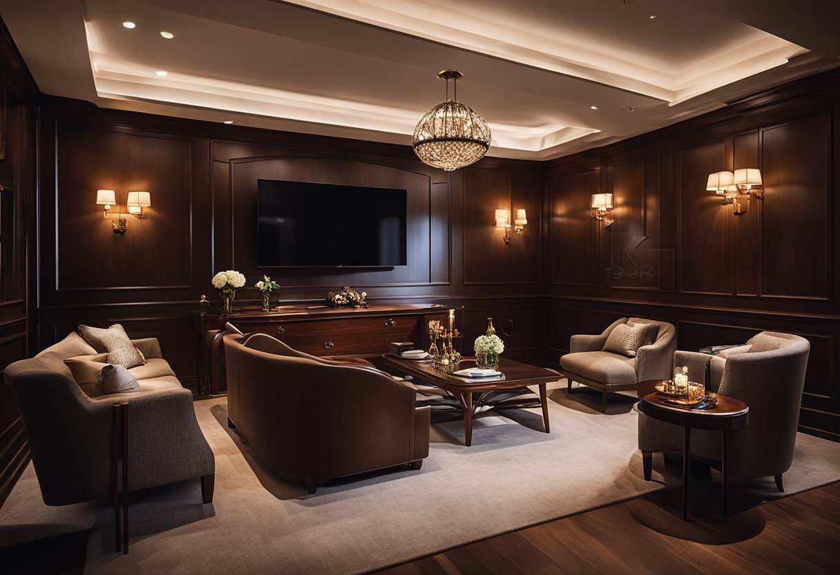 A dimly lit room with rich, mahogany wood paneling and elegant furnishings, creating a cozy and sophisticated atmosphere for a Q&A session on interior design