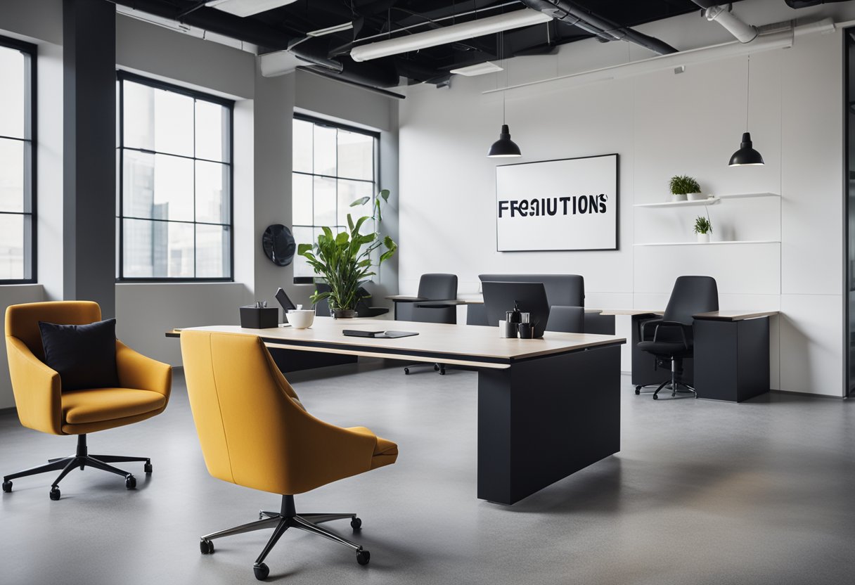 A modern, minimalist office space with sleek furniture, clean lines, and pops of vibrant color. A large "Frequently Asked Questions" sign hangs on the wall as the focal point