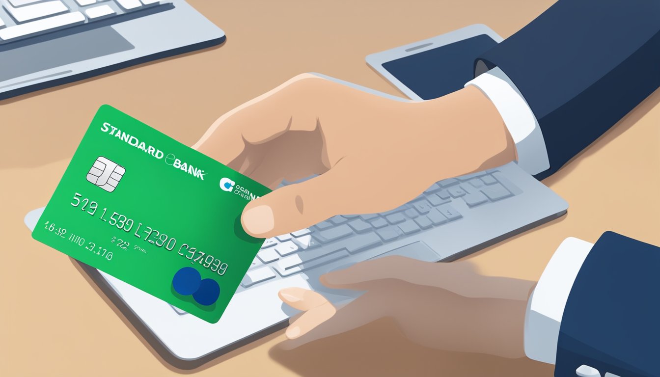 A hand holding a Standard Chartered Bank credit card with a personal loan offer displayed on the screen