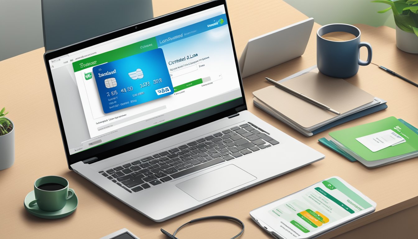 A laptop displaying the Standard Chartered website with a personal loan payment option highlighted. A credit card and bank statement are nearby
