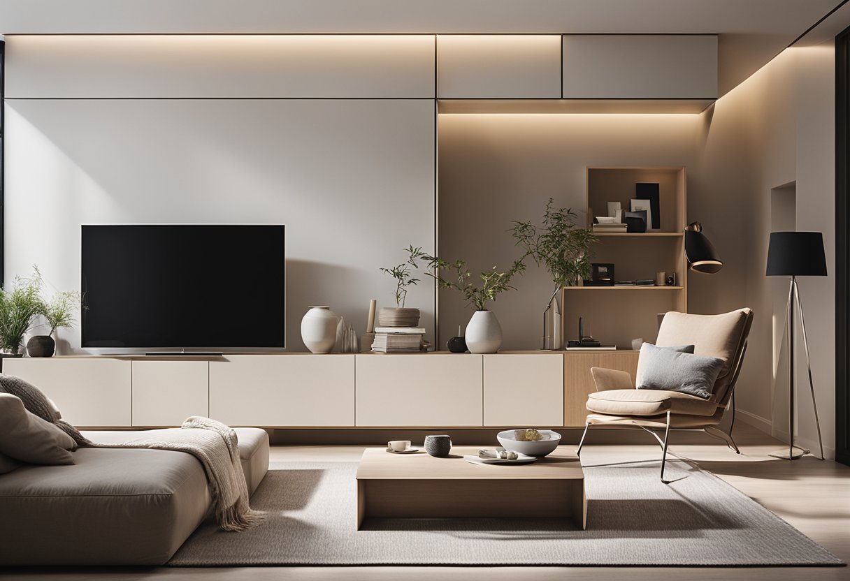 A modern living room with neutral colors, clean lines, and minimalistic furniture. A large window lets in natural light, and a statement piece of art hangs on the wall