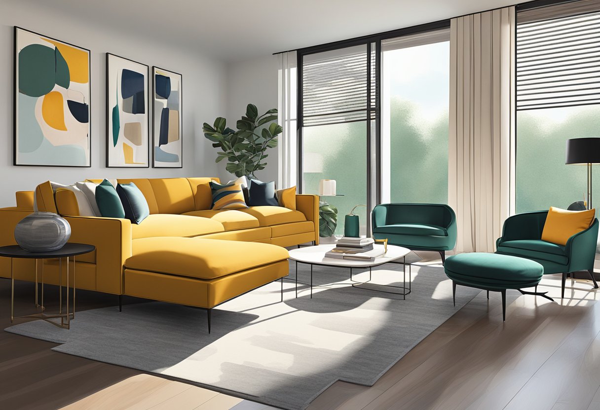 A sleek, modern living room with bold colors, clean lines, and statement furniture. A large, abstract art piece hangs on the wall, while floor-to-ceiling windows let in natural light