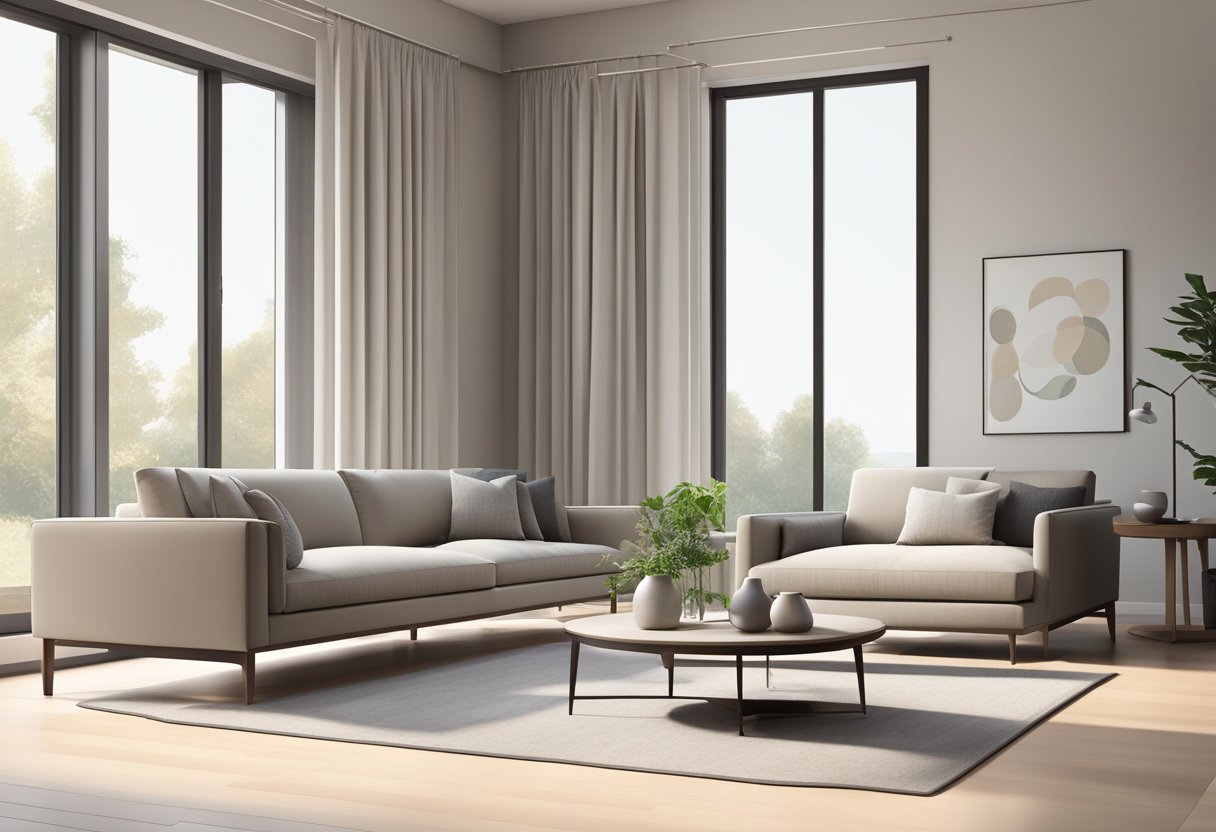 A modern, minimalist living room with clean lines and neutral colors. A large window lets in natural light, highlighting the sleek furniture and elegant decor