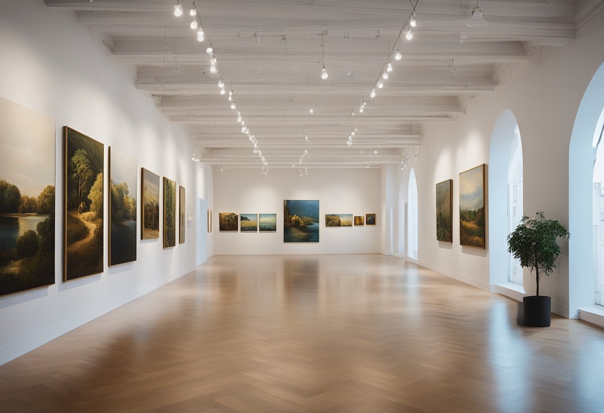 The art gallery's interior features white walls adorned with various paintings, a polished wooden floor, and soft lighting that highlights the artworks