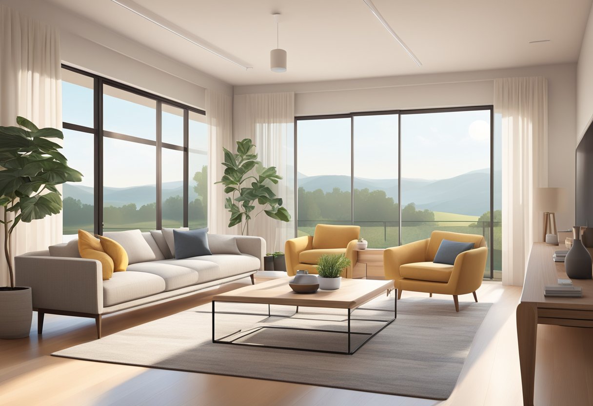 A bright, spacious room with modern furniture and large windows overlooking a serene landscape. Warm, neutral colors and minimalistic decor create a peaceful, inviting atmosphere