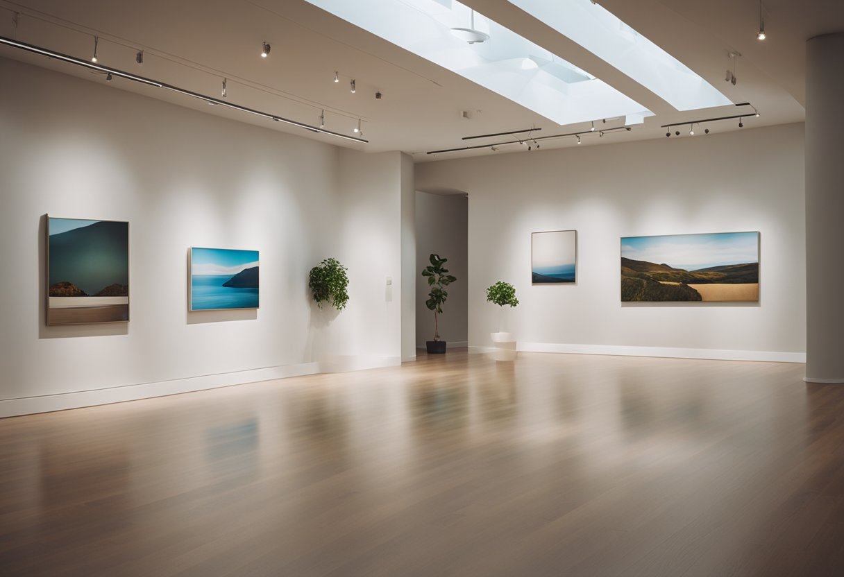 The art gallery interior features clean lines, balanced compositions, and a harmonious color palette. The space is filled with natural light, showcasing the artwork in a serene and inviting atmosphere