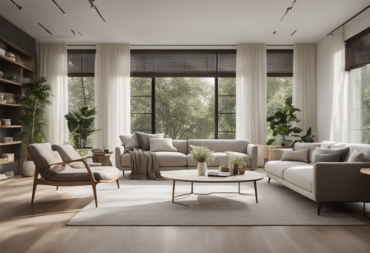 A spacious, uncluttered living room with clean lines, neutral colors, and simple furniture. A large window lets in natural light, illuminating the minimalist decor
