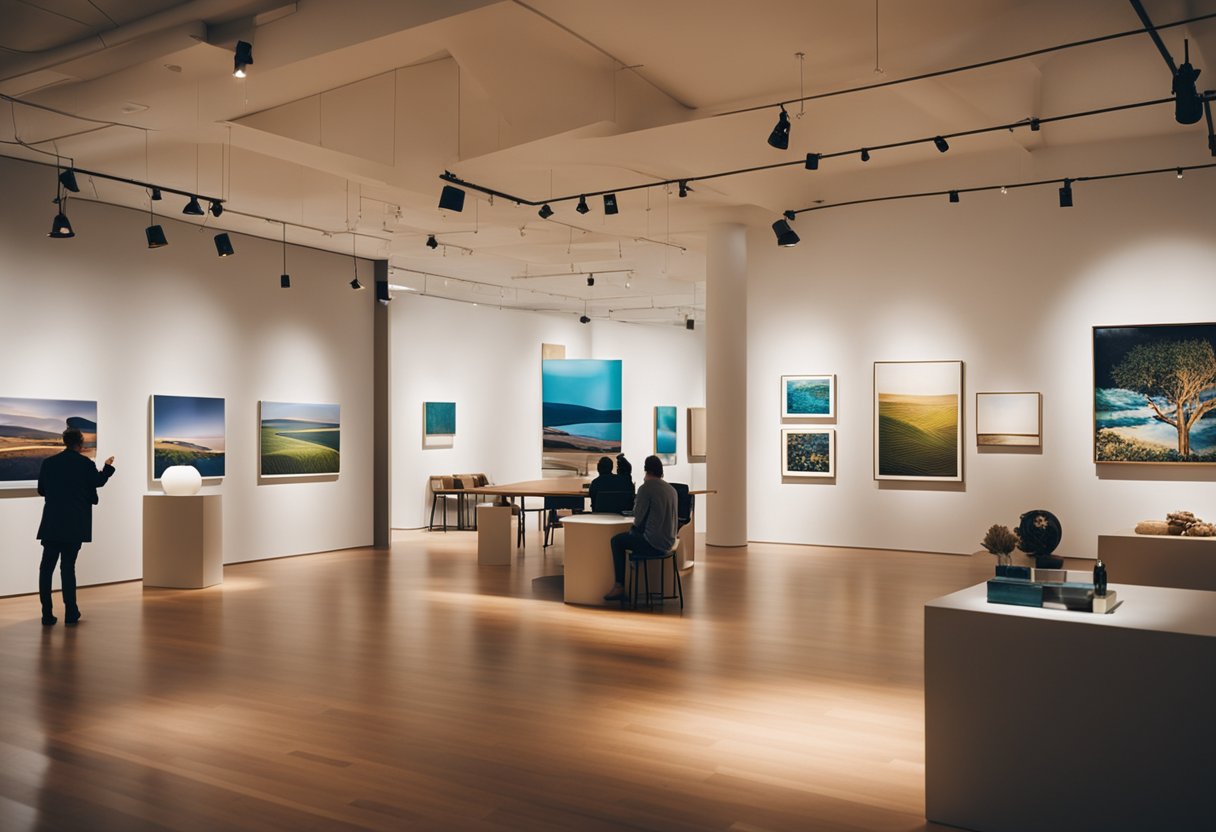 The art gallery interior features curated exhibits, warm lighting, and inviting seating areas