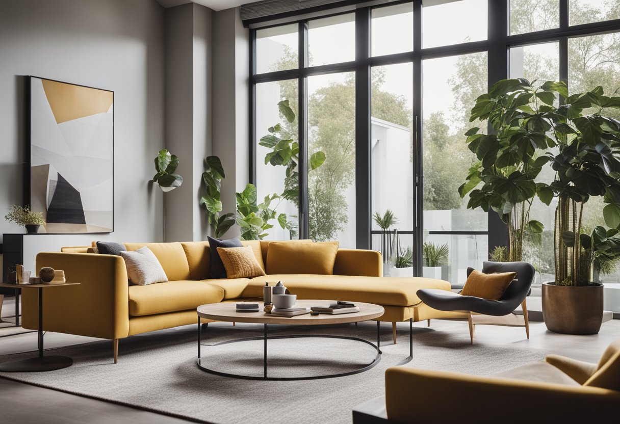 A modern living room with sleek furniture and pops of color. A large window lets in natural light, highlighting the clean lines and stylish decor