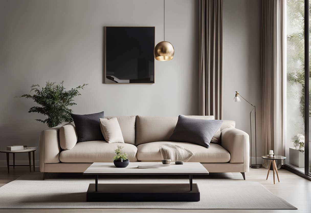 A minimalist living room with clean lines, neutral colors, and uncluttered spaces. A few carefully chosen decor items, such as a sleek sofa and a simple coffee table, complete the serene and unassuming atmosphere