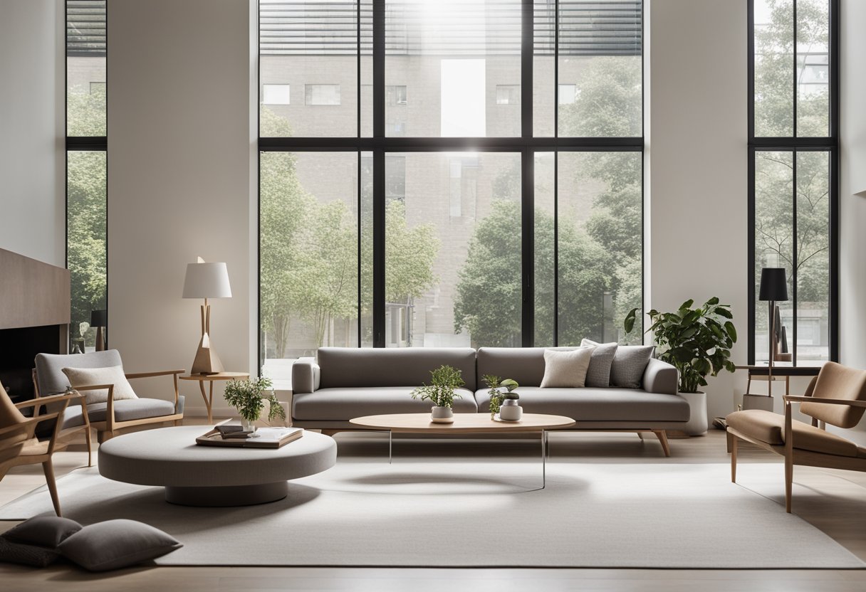 A modern, minimalist living room with a large window, sleek furniture, and a neutral color palette. Clean lines and open space create a sense of simplicity and tranquility