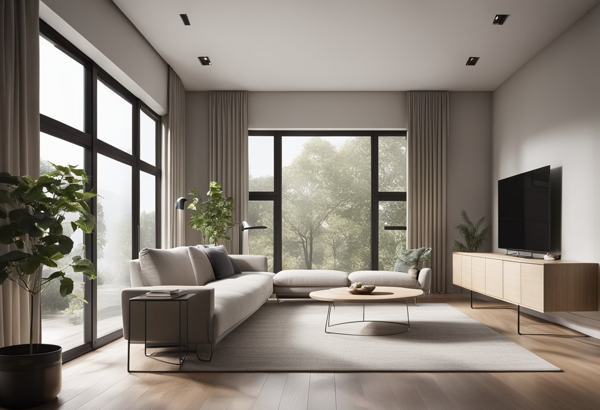 A spacious, uncluttered living room with clean lines, neutral colors, and minimal furniture. Large windows allow natural light to fill the room, creating a serene and peaceful atmosphere