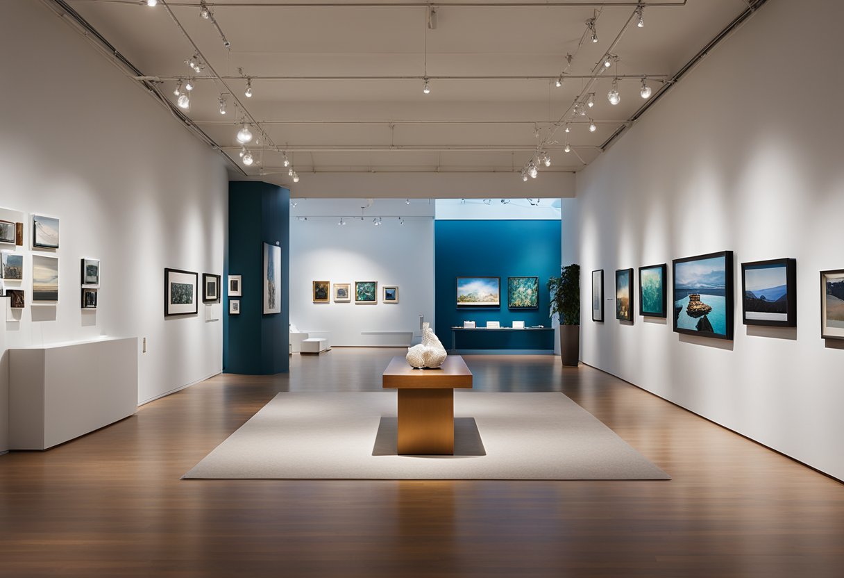 The art gallery interior features white walls, track lighting, and sleek display cases showcasing various artworks. A central seating area allows visitors to contemplate the pieces on display