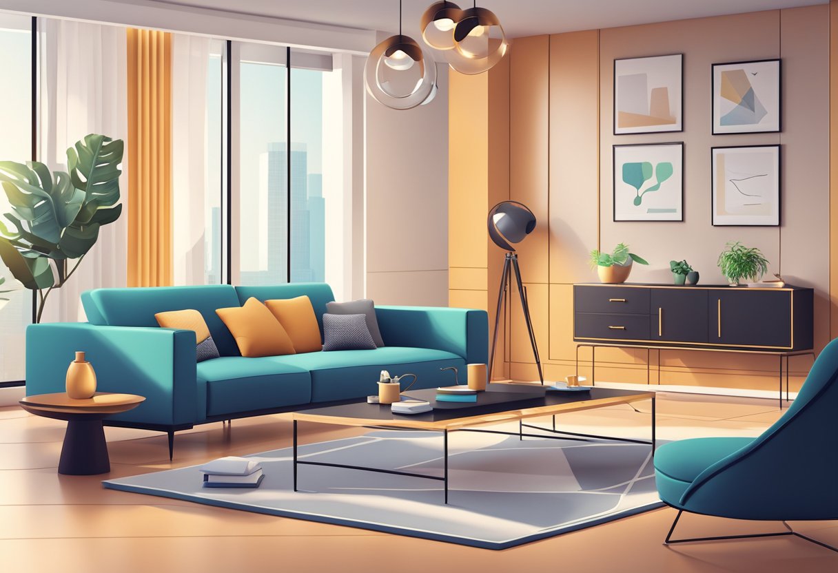 A stylish interior with a FAQ icon on a digital device, surrounded by modern furniture and decor